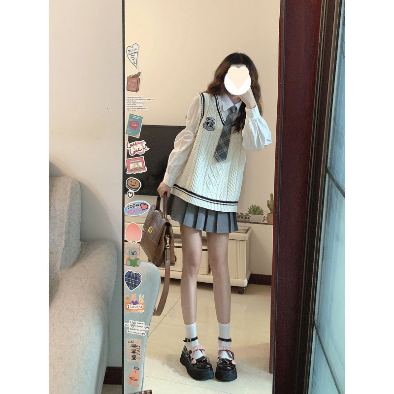 学院风套装女秋2025新款外搭叠穿V领针织马甲毛衣衬衫两件套显瘦|undefined