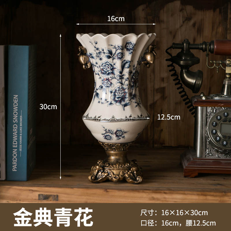 美式复古冰裂纹陶瓷花瓶创意家居摆件装饰品桌面欧式高足双耳花瓶|undefined