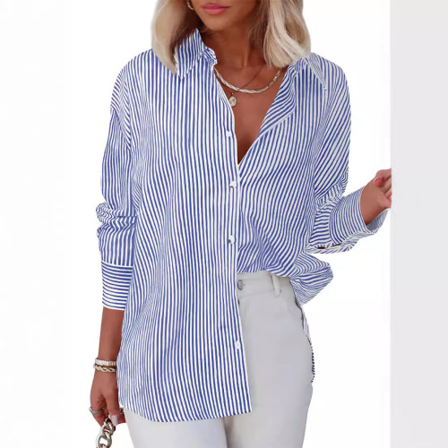 2024 Amazon Women's Striped Button-down Shirt Classic Long Sleeve Fashion Collared Office Work Shirt Top