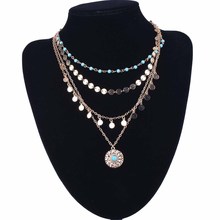 跨境复古波西米亚松石串珠多层项链 简约几何圆片流苏四层项链女