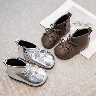 silver bow autumn and winter children's shoes 1-3-6 years old children's boots children's cotton shoes short boots little girl princess boots