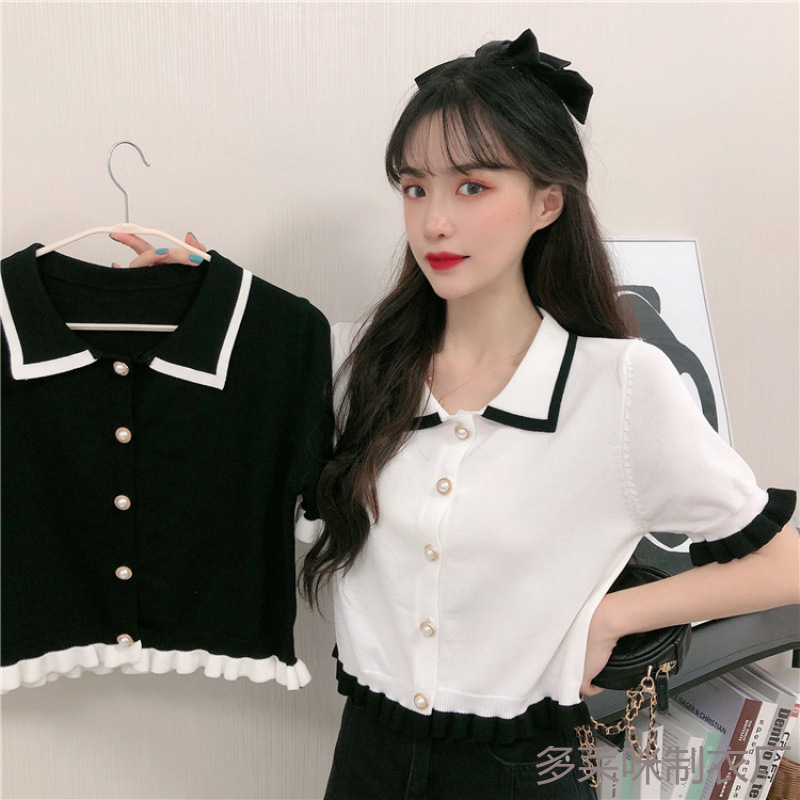 Summer New Trendy Doll Collar Short-Sleeve Knit Top for Women with Contrasting Pearl Short Bm Cardigan Top for Women