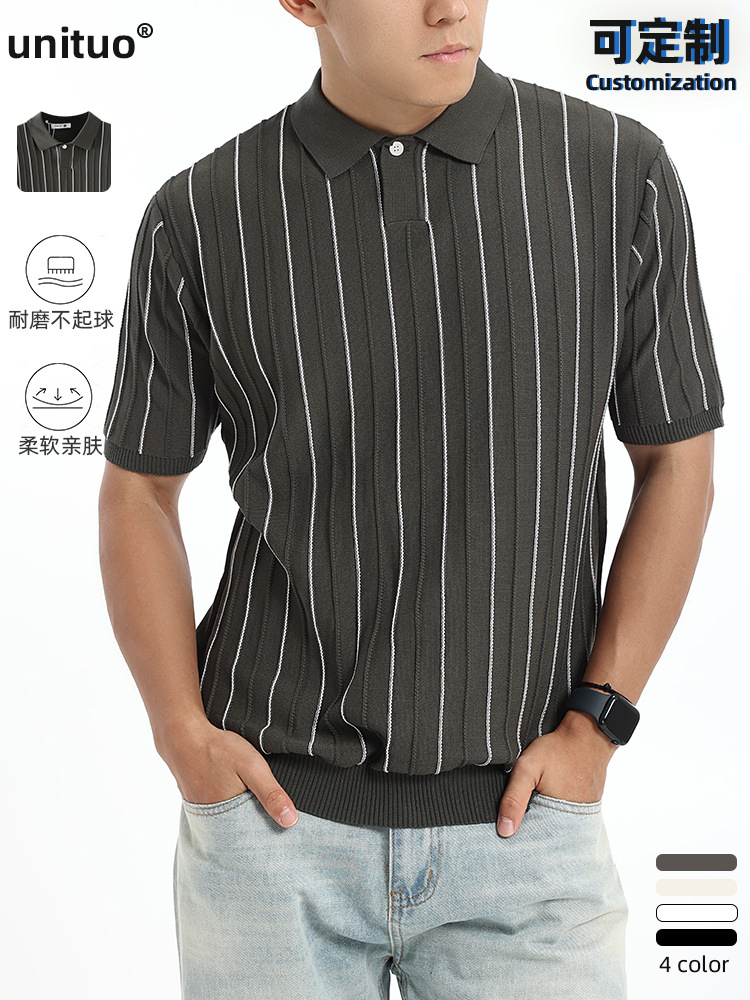 Polo de seda de hielo de hombre, camiseta de alto nivel, camiseta de negocios, camiseta de polo, tela de rayas, camiseta de punto de manga corta para hombres