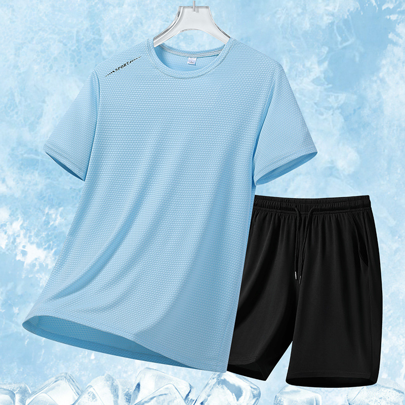 Ice Silk Summer Traje deportivo casual para hombre Cool suelto de dos piezas para hombre Camiseta transpirable de secado rápido Pantalones cortos para hombre