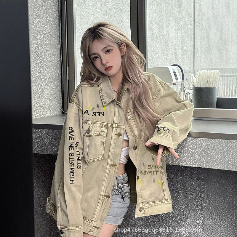 American Trendy Brand Inkjet Denim Jacket for Women, Loose Spring and Autum Retro Distressed Lapel Cool and Handsome Work Jacket Top