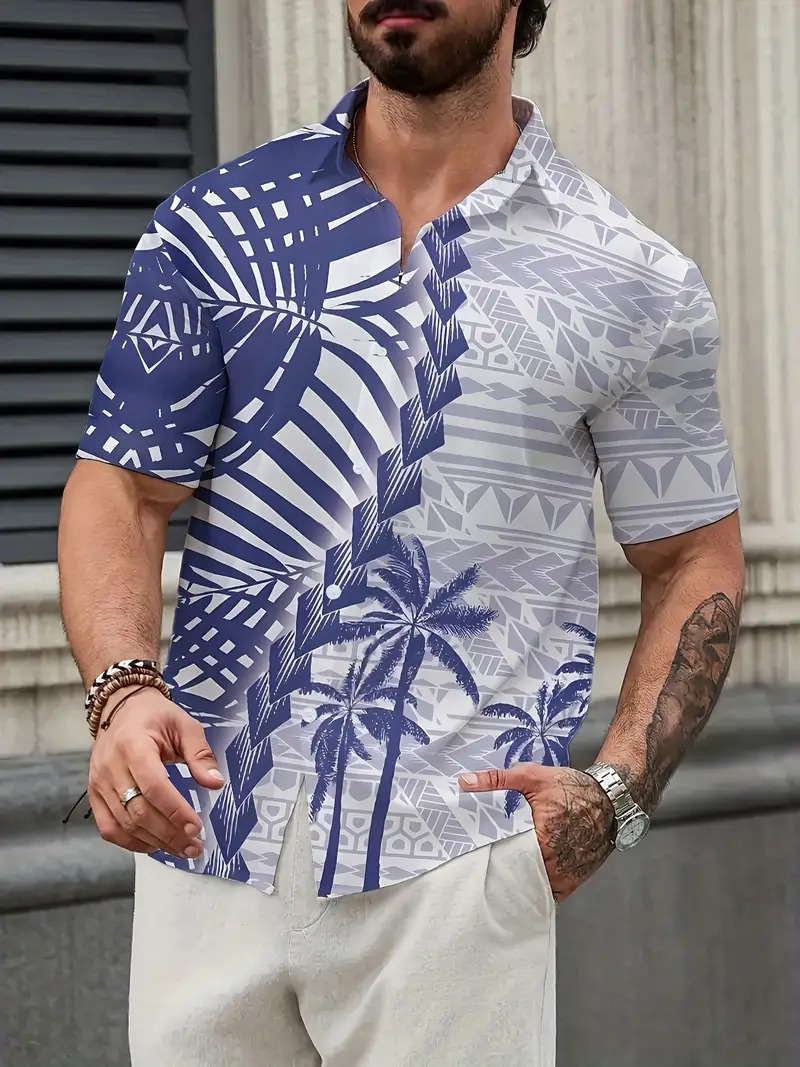 Ropa de hombre de comercio exterior de estilo europeo y americano 2024 nueva camisa de manga corta con patrón de árbol de coco de moda casual de todo fósforo MB1