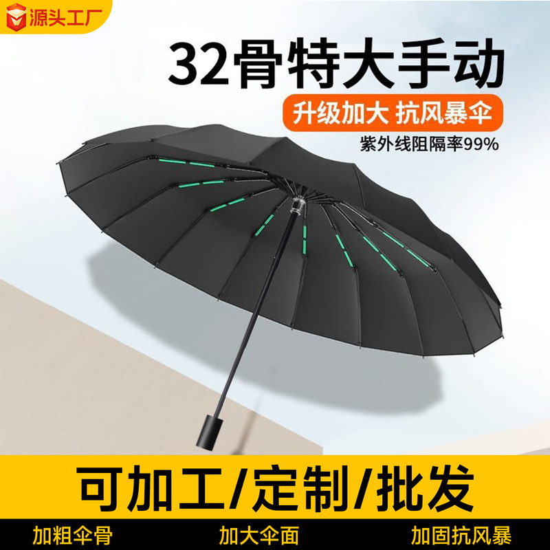 Manual Large Reinforced Umbrella for Sun and Rain Protection, Women's Sunshade Umbrella, Wholesale, Stormproof, Thickened with Black Coating