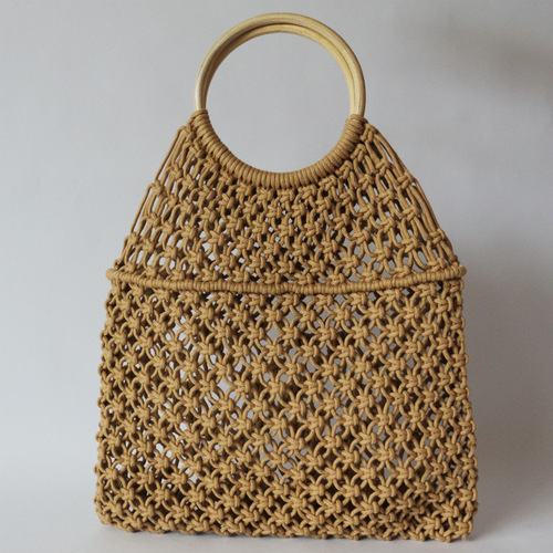 Dropshipping new style round rattan handle cotton rope hollow woven bag cotton rope net bag vacation straw woven bag beach