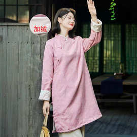 新款棉麻提花加绒加厚上衣中长款文艺立领保暖连衣裙宽松棉衣