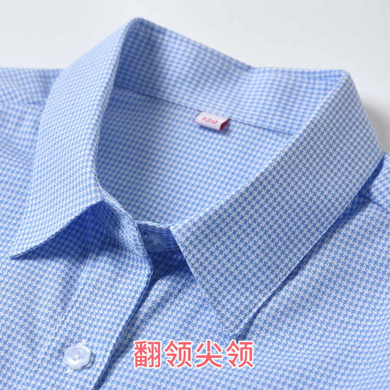 兒童校服襯衫女童純棉長袖上衣中小學生學院風千鳥格藍色格子襯衣
