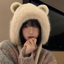 小熊双色耳朵毛绒帽韩版可爱雷锋帽女秋冬季加绒加厚骑行防寒护耳