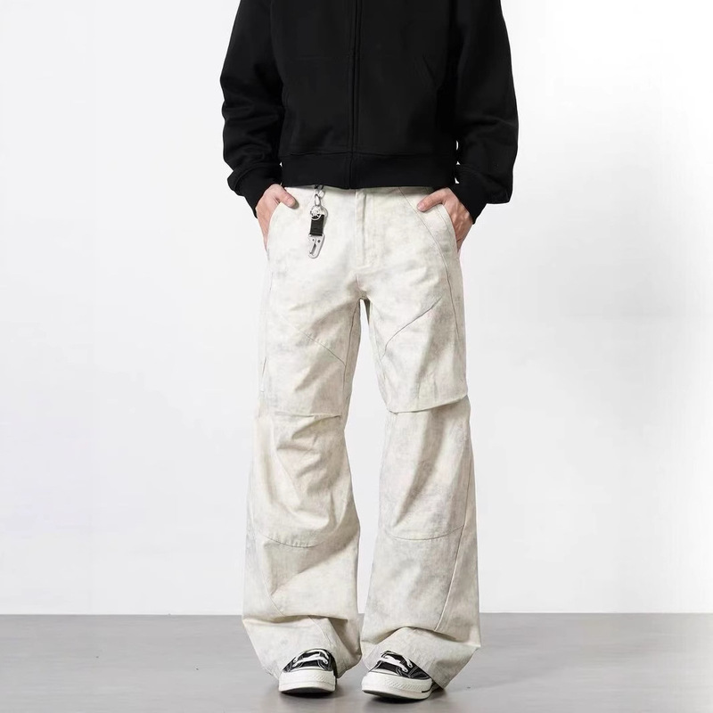 Marble Splicing American Retro Straight Wide-Leg Pants Pleated Cargo Pants Unisex Versatile Loose Casual Long Pants