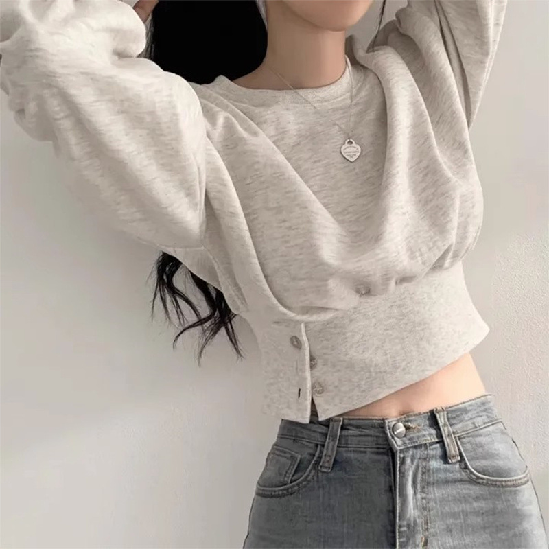 实拍纯色短款收腰圆领加绒卫衣女秋季薄款百搭宽松无帽长袖上衣