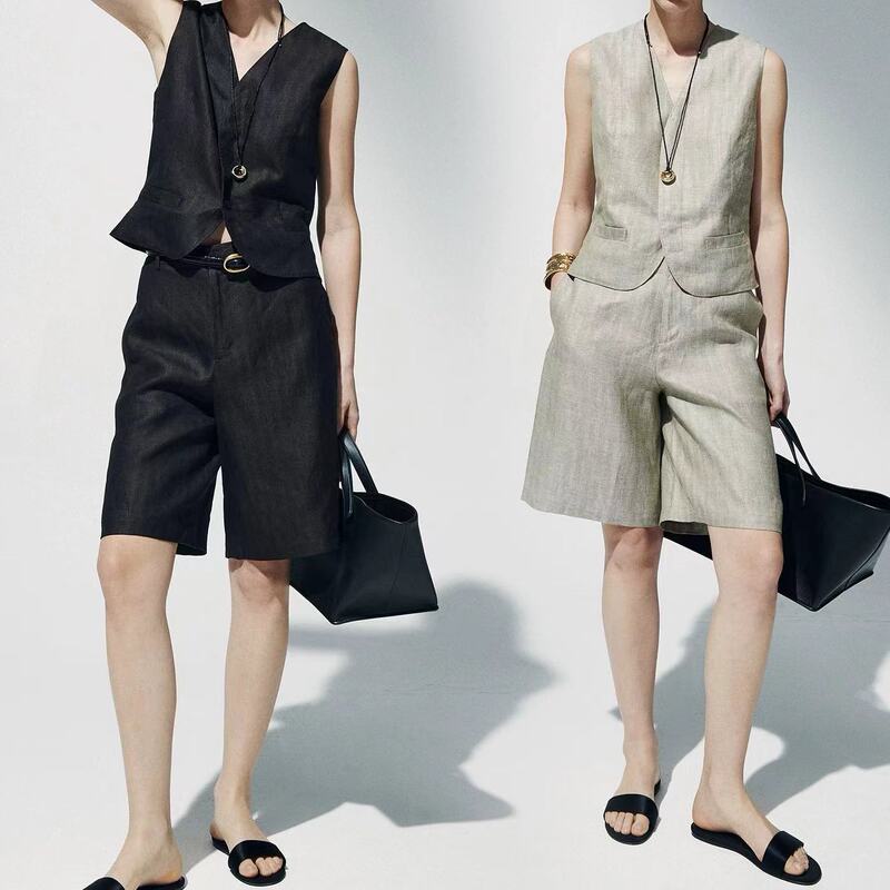 2025 Spring and Summer New British Imported High-End Luxury Products Casual and Easiest for Match Fashion Linen Herringbone Vest Set