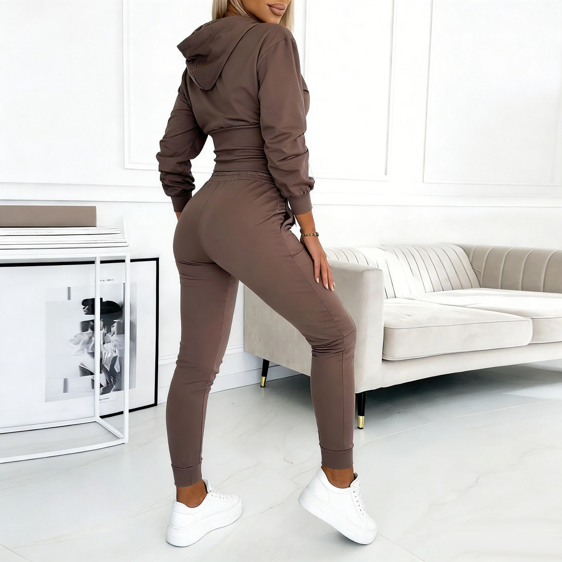 Women's Waist-Cinching Hoodie And Joggers Set | Casual Loungewear Tracksuit With Drawstring | Two-Piece Outfit For Yoga Gym And Street Style_ecoleips.com