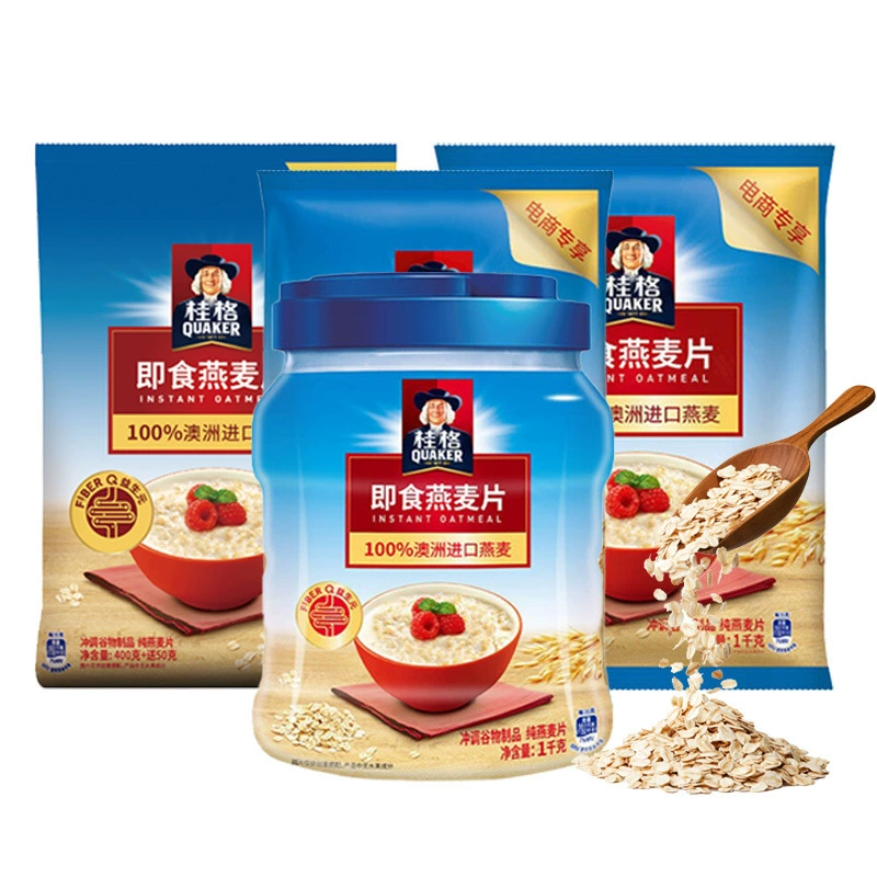 Похоже, что это название бренда и продукта на английском: (QUAKER) Instant Oatmeal Original Cereal Nutritional Breakfast Coarse Grain Drink Free Cooking Meal Replacement Wholesale