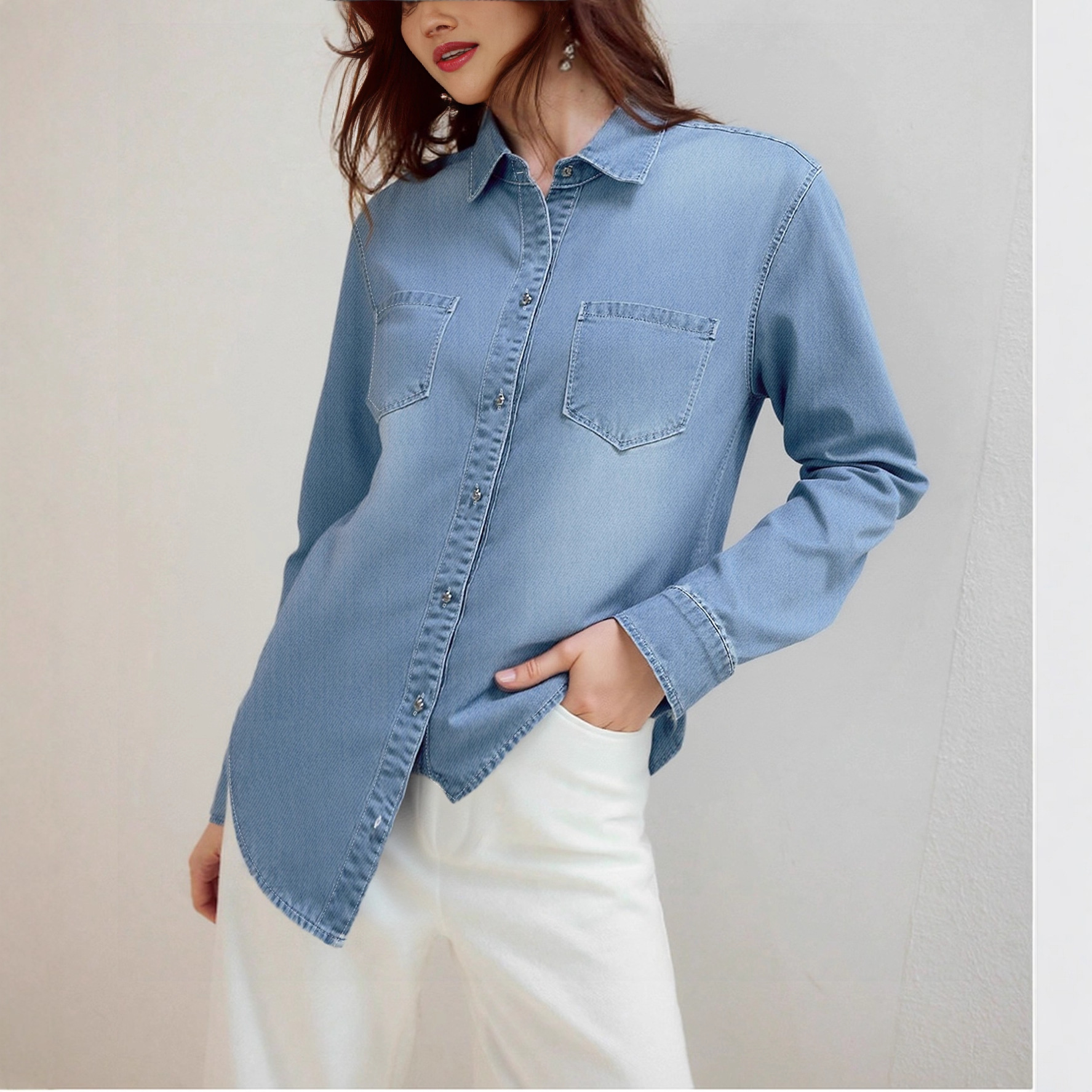 "Classic Denim Shirt Jacket For Women – Casual Button-Up Overshirt With Polo Collar_mkmklike.com
