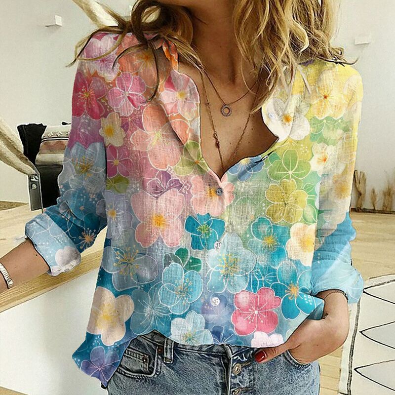 Cross-border European and American 2025 Women's Fashion Gradient Loose Long-sleeved Tie-dyed Shirt Women's Printed New Women's Shirt