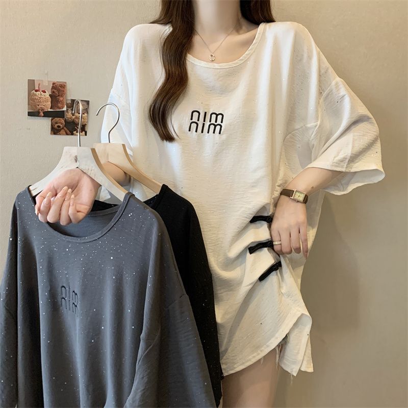 Nueva camiseta de manga corta con hebilla de disco de estilo nacional chino para mujer verano nuevo estilo suelto y delgado top de lentejuelas con pliegues irregulares para mujer ins