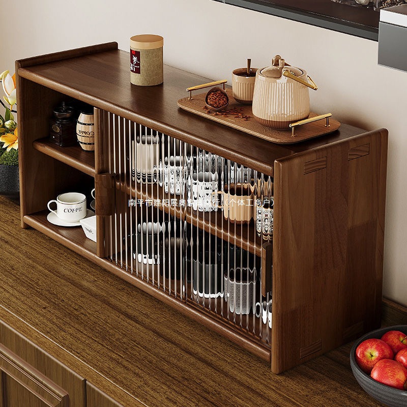 Japanese Solid Wood Sideboard Desktop Storage Cabinet Cupboard Walnut Color Dining Table Storage Rack Countertop Storage Rack