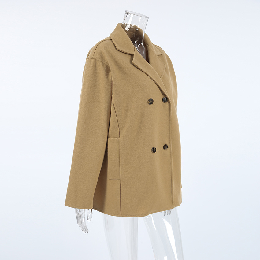 Dames wollen jas halflang bruin met dubbele rij knopen_voghion.com