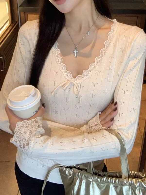针织衫女早秋氛围感穿搭蕾丝上衣韩系v领修身显瘦长袖毛衣|undefined