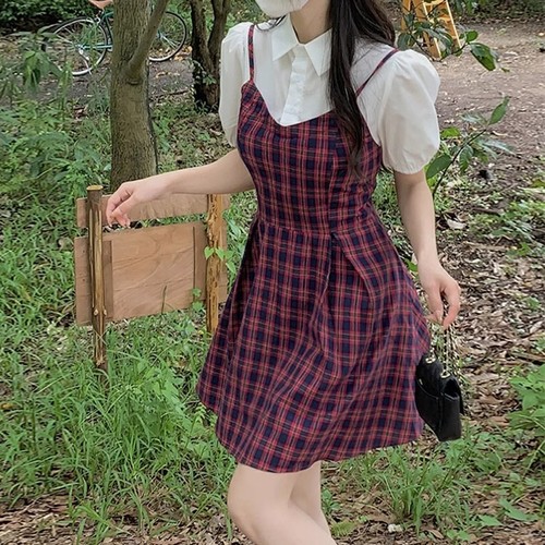 Women's Summer College Style Puff Sleeve Dress with High-Quality Texture, Petite and Elegant, Waist Cinching, Two-Piece Plaid Short Skirt