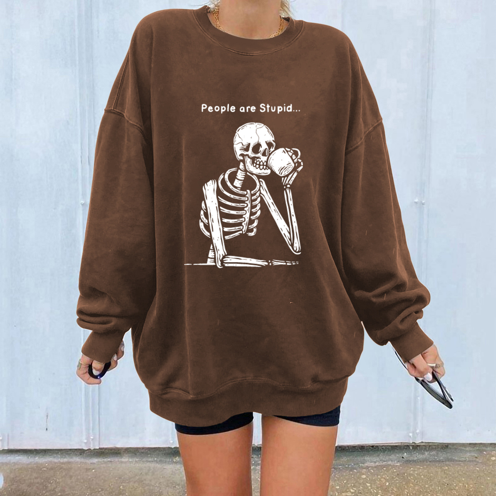 Women's Crew Neck Skull Print Sweatshirt Oversized Casual Pullover_voghion.com