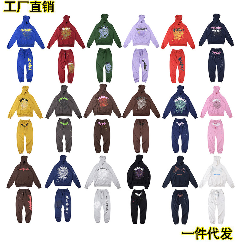 Foreign Trade Wholesale Sp5Der Worldwide 555555 Classic Spider Web Men's and Women's Sweatshirt and Pants Set