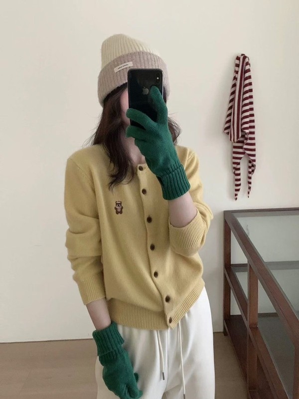 韩系慵懒风宽松刺绣小熊毛衣外套胖mm2025年冬大码甜美针织开衫女|undefined