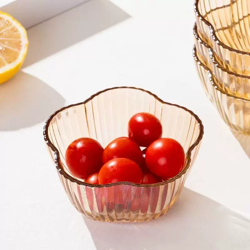 琥珀色花瓣玻璃碗耐热家用食品级沙拉碗四只装玻璃餐具套装玻璃碗