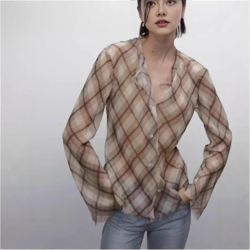 Spring and Summer~Asymmetrical Design Women's Clothing with a Relaxed Feel, Lightweight and Slightly Sheer, Fringed Edge, Collarless Plaid Long-Sleeve Shirt