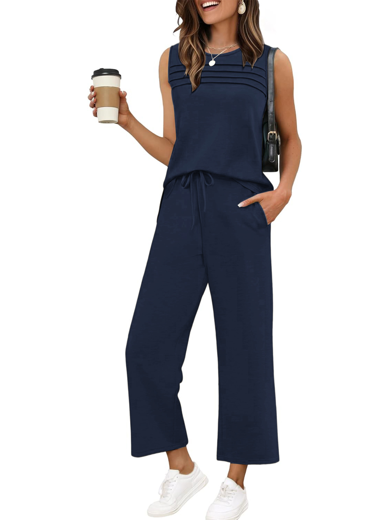 Sleeveless Hoodie & Pants Set For Women, Loose Fit Casual Jogger Outfit, Waffle Knit Cropped Top And Lounge Shorts Two Piece_ecoleips.com