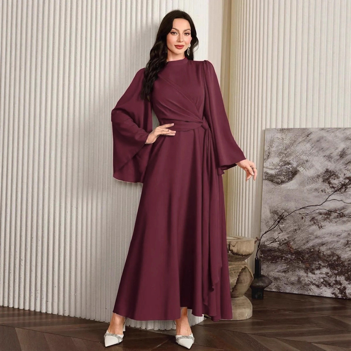 Women's Solid Color Long Sleeved Casual Maxi Dress Slim Fit Stand Collar Back Zipper New European American Style_ecoleips.com