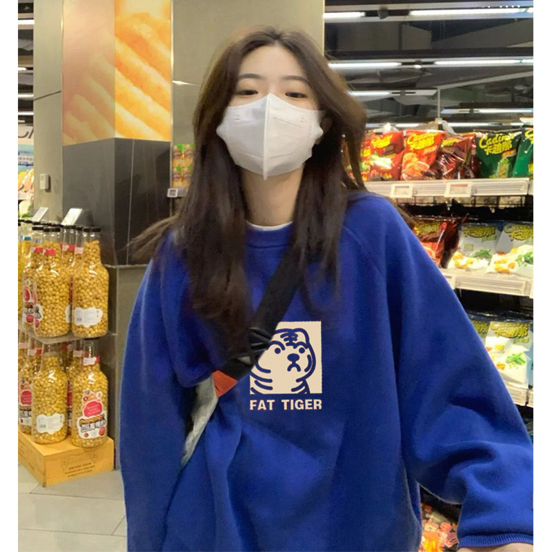 克莱因蓝圆领卫衣女春秋季新款套头设计感小众小个子宽松炸街上衣|undefined