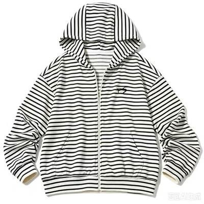 Retro black and white striped hooded zip-up jacket, Korean-style casual loose-fit cardigan, thin and versatile top for autumn Retro black and white striped hooded zip-up jacket, Korean-style casual loose-fit cardigan, thin and versatile top for autumn