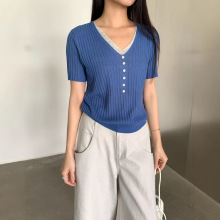 6UP新款韩系V领假两件撞色毛衣女2025夏广州13行极简百搭ins91600