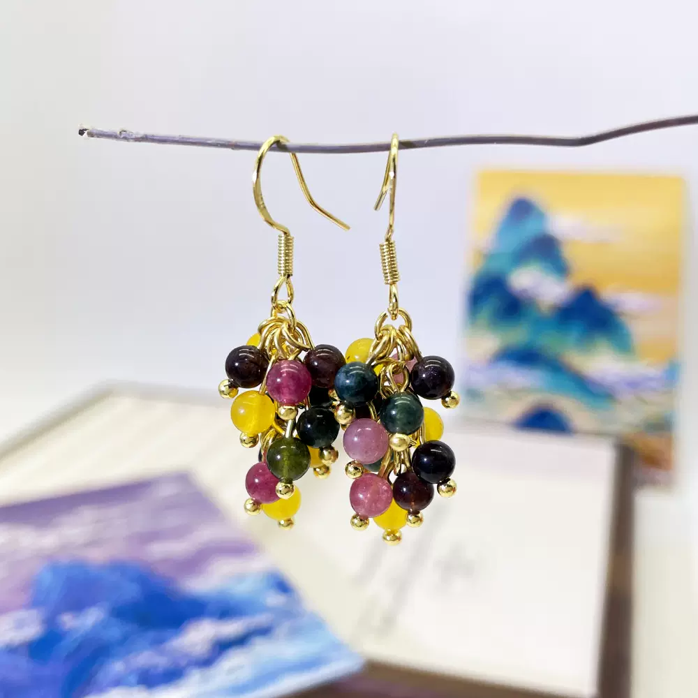 跨境彩色碧玺耳环原创油画复古串珠多色葡萄耳坠女小众流苏耳饰