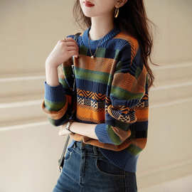 活力氧气感～减龄色彩 简约设计复古撞色提花针织衫毛衣女秋冬