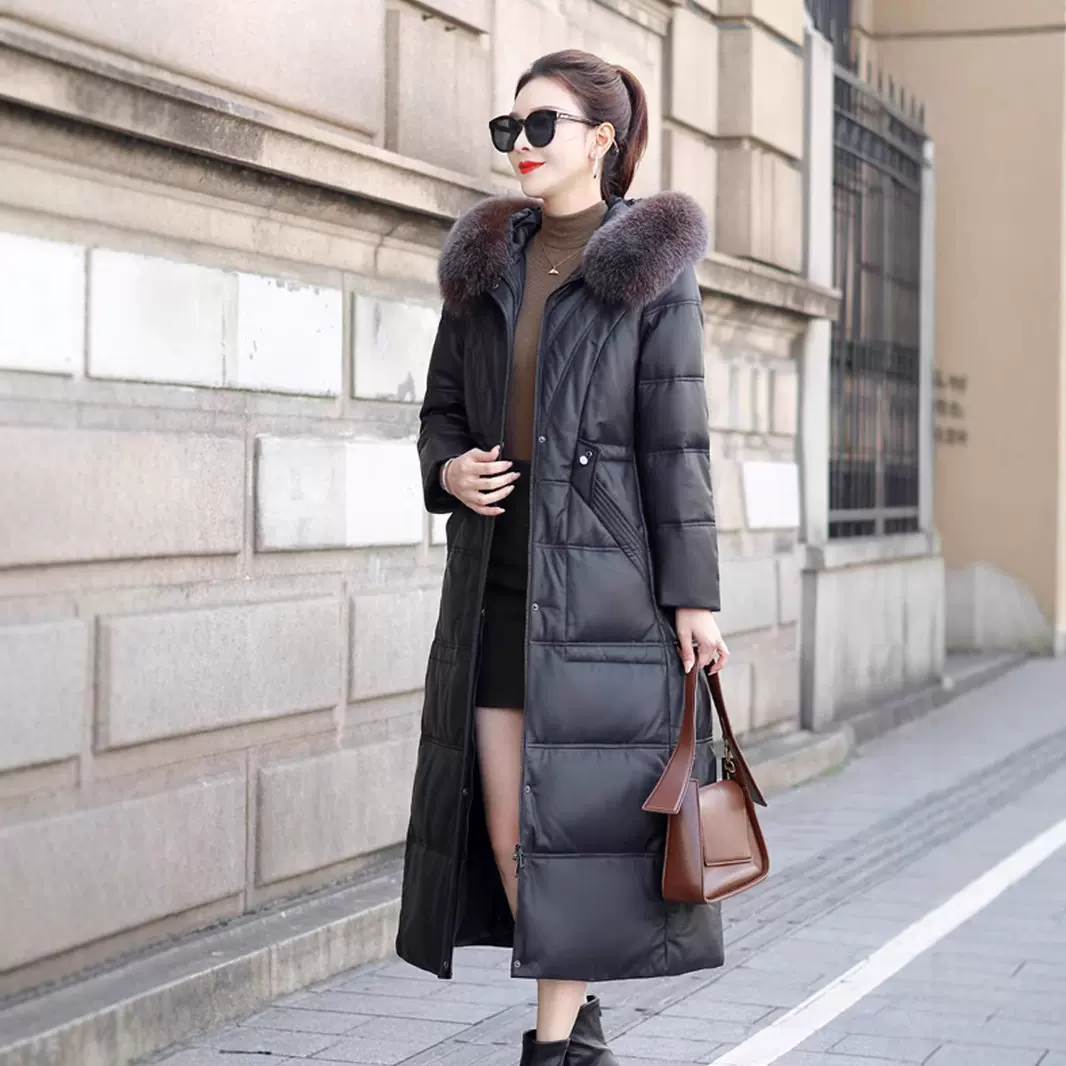 海宁冬新款白鹅绒过膝长款个性绵羊皮羽绒服女连帽加厚真皮皮大衣