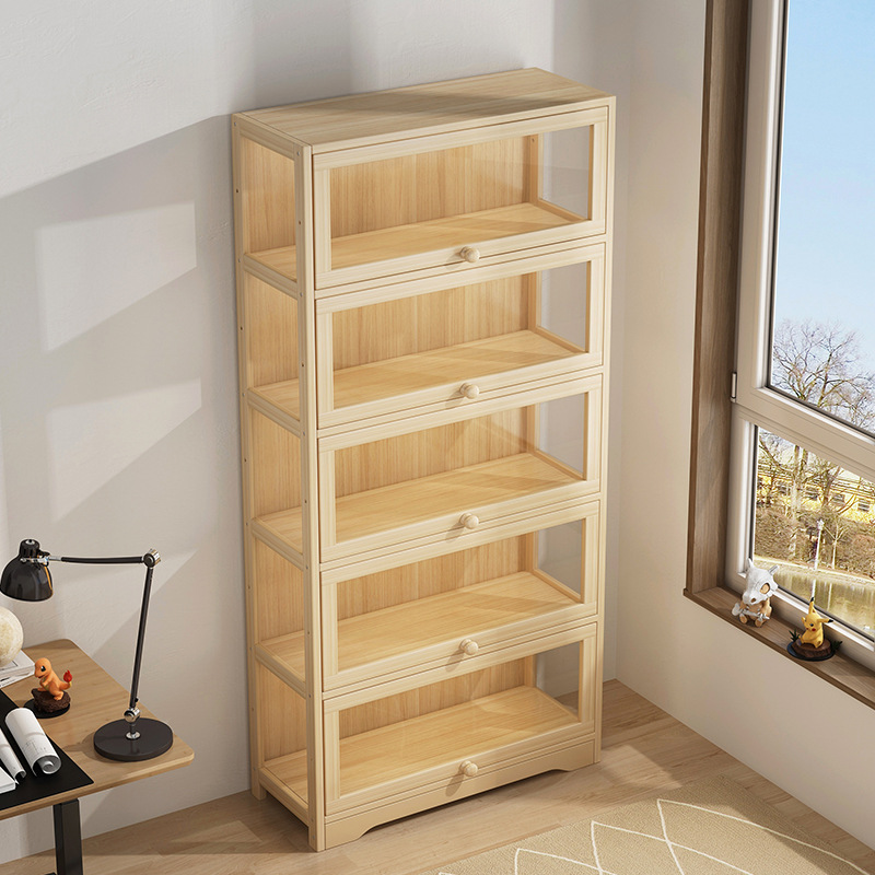 Solid Wood Bookcase with Doors Floor-Standing Multi-Layer Wall Storage Rack Household Simple Children's Bookshelf Study Locker