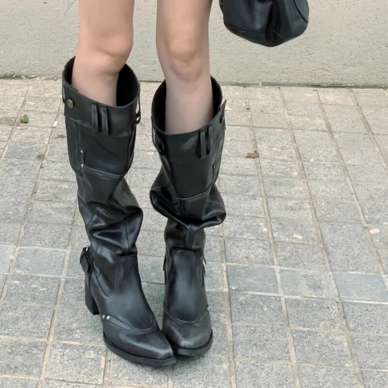 Niche Design Pointed Toe Large Tube High Heel 2025 Spring Pile Boots Retro Western Cowboy Boots Thick Heel Boots for Women Niche Design Pointed Toe Large Tube High Heel 2025 Spring Pile Boots Retro Western Cowboy Boots Thick Heel Boots for Women