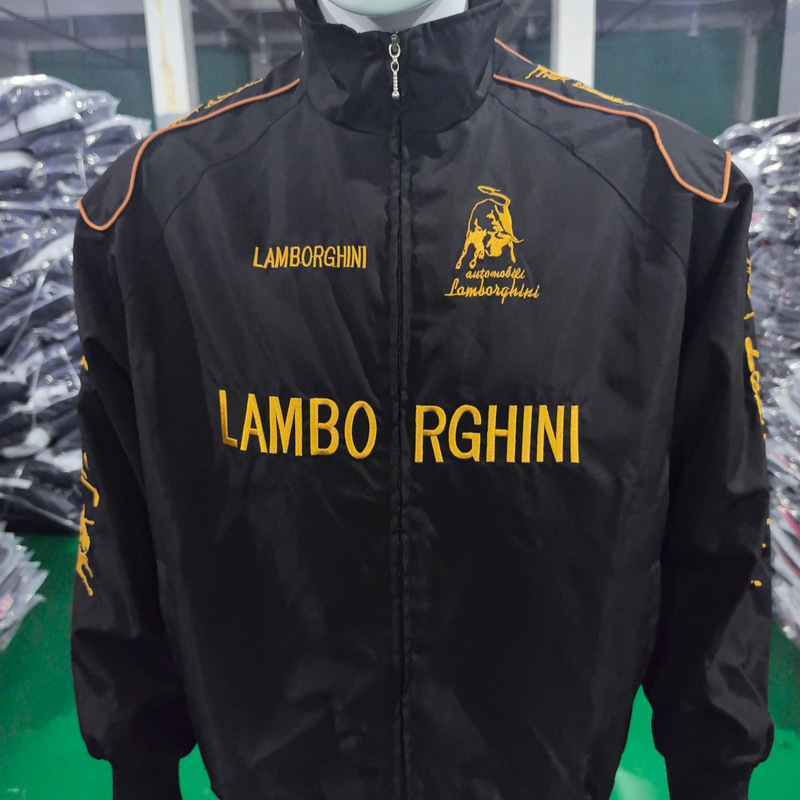 Black with gold Lamborghini bull embroidery, stand-up collar, loose-fitting racing casual jacket Black with gold Lamborghini bull embroidery, stand-up collar, loose-fitting racing casual jacket