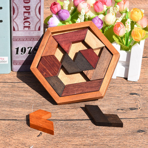 Cross-border wooden irregular block adult parent-child children's wooden toy hexagonal 3D puzzle Huarongdao puzzle