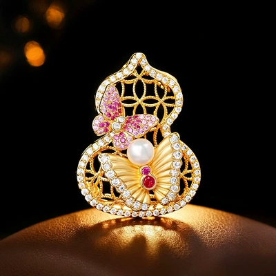 Traditional Chinese-style gourd and butterfly brooch, featuring openwork enamel and freshwater pearls, suitable as a pin or accessory for suits and coats