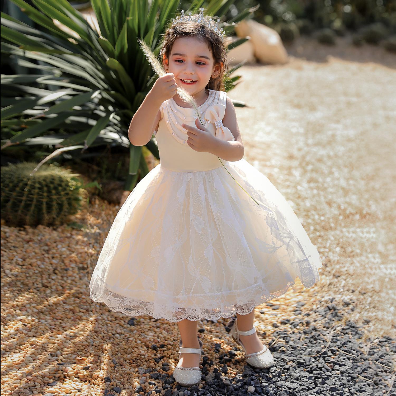 Nuevas niñas vestido europeo y americano encaje arco niñas falda niños vestido princesa vestido de una sola pieza entrega