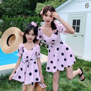 New Parent-child Swimsuit Conservative Korean Style Hot Spring One-piece Skirt Style Small Chest Gathering Slim Belly-covering Mother and Daughter Swimsuit