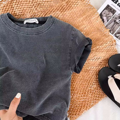 洗水黑童裝空白版 做舊復古短袖T恤純棉男女寶寶兒童帥氣時髦上衣