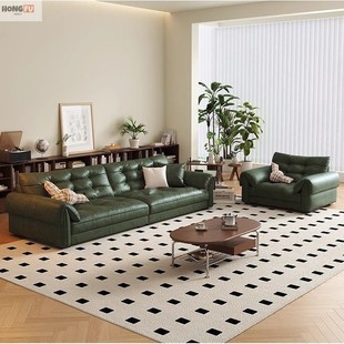 Hongfu Jiayue Italian Minimalist Leather Sofa Living Room French Retro Straight Row Elephant Ear Oil Wax Leather Sofa Set