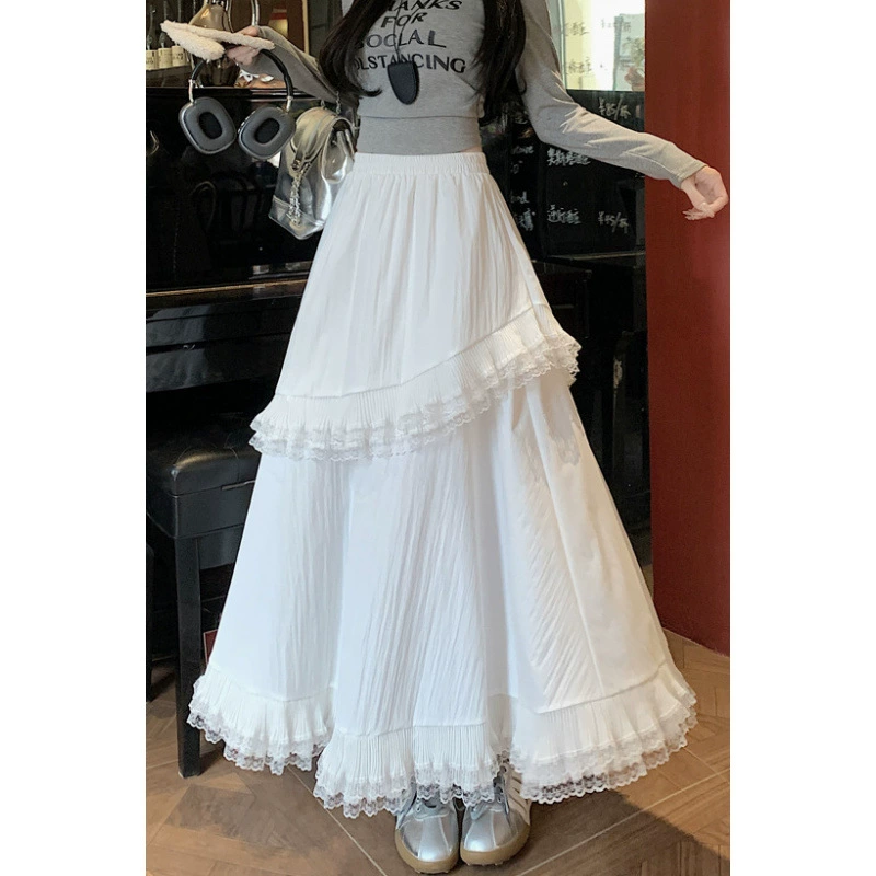 Кружевной торт сшитый юбка с высокой талией 2025 повязка новая тонкая буква из листьев лотоса большая эластичная длинная юбка